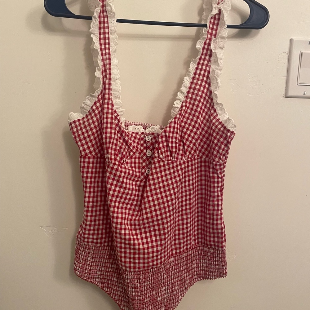Red Gingham Ruffle Trim Women's Bodysuit